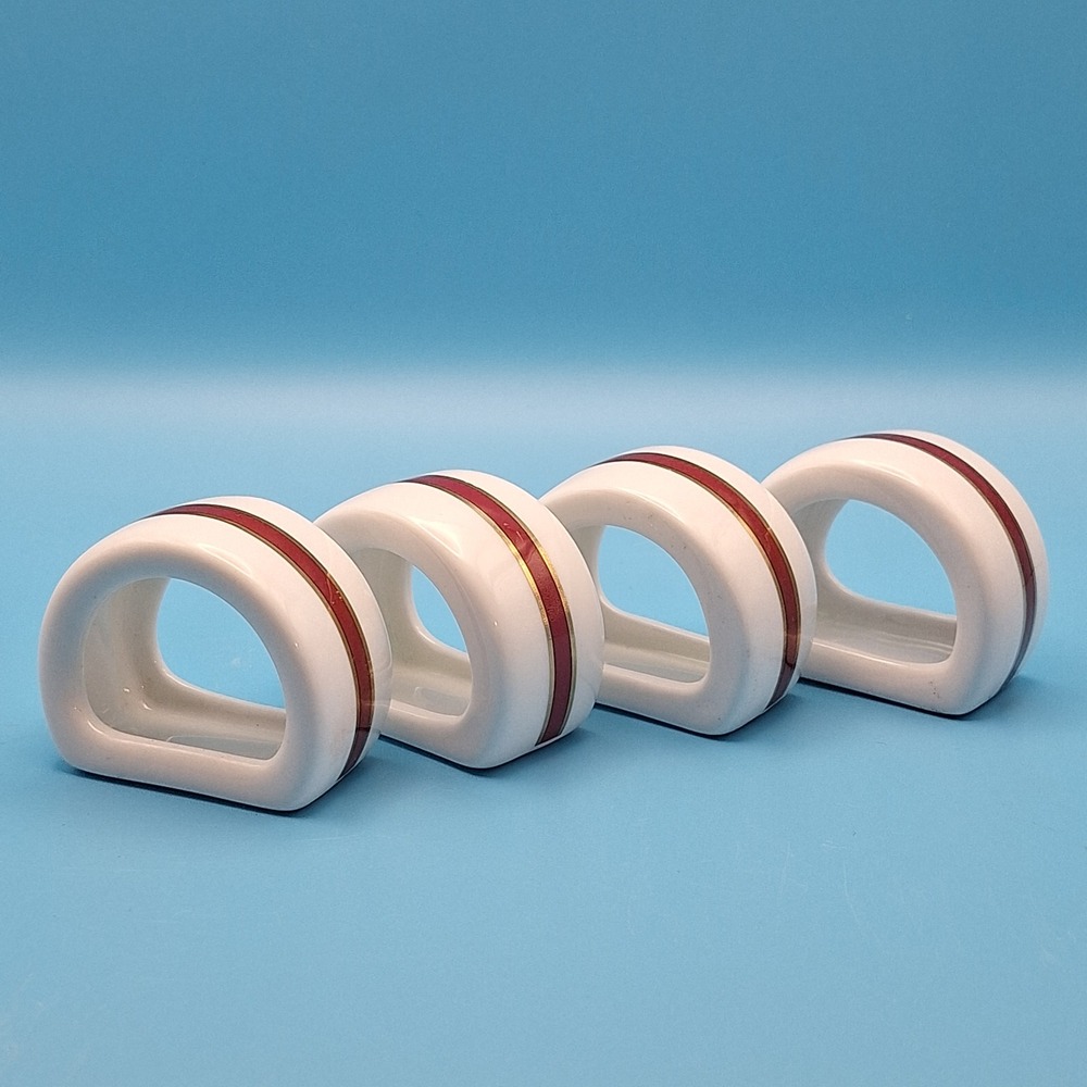 Vintage Dansk Bistro Ceramic Napkin Rings White Red Stripe D-Shape Set of 4